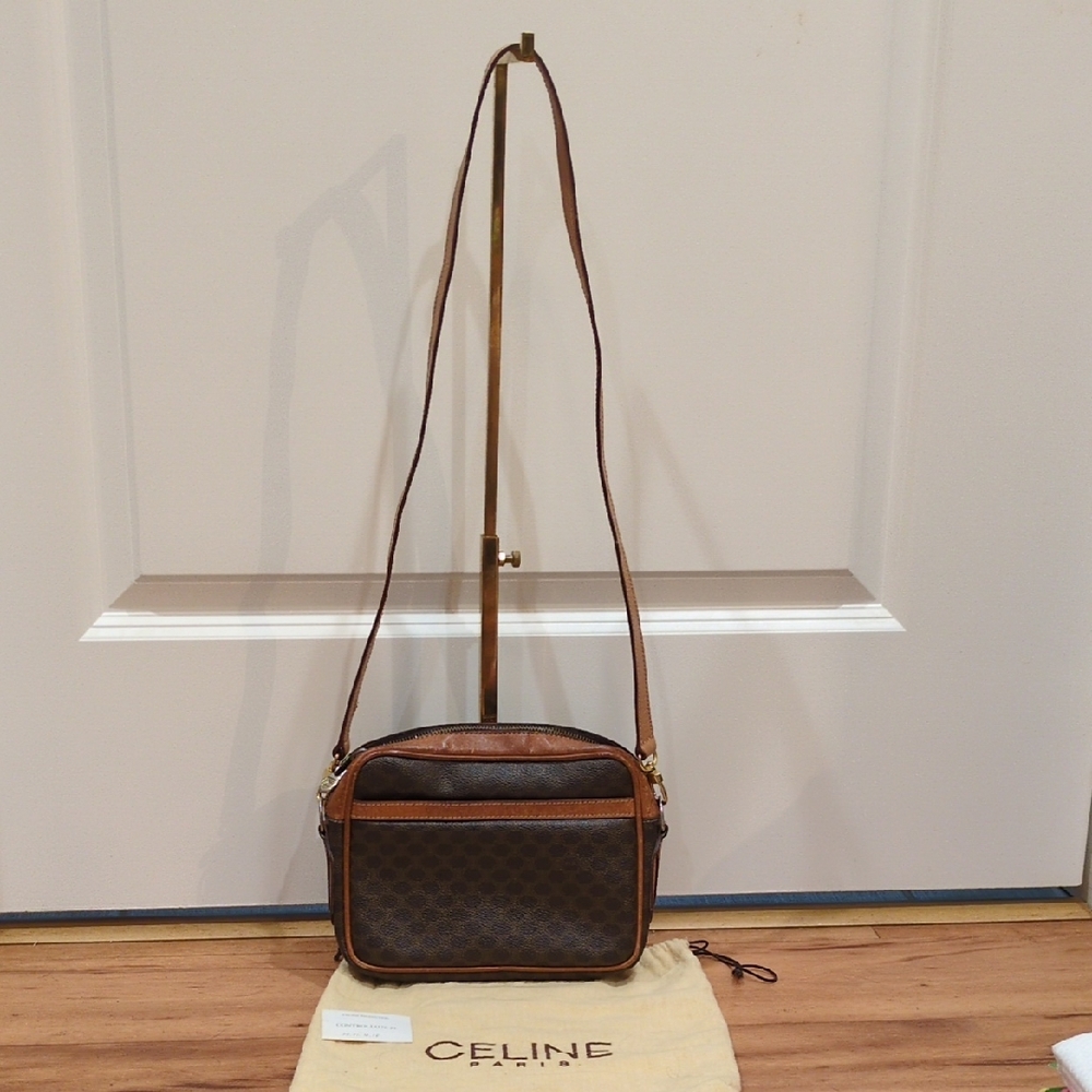 Celine Vintage Macadam Dark Crossbody Purse With Dust Bag Callouts